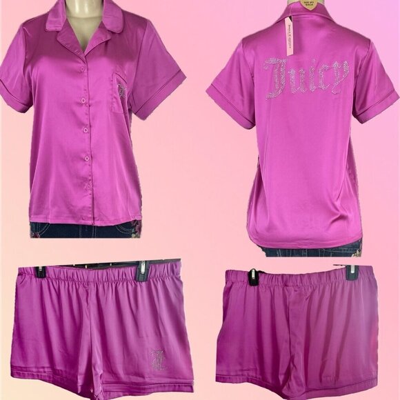Juicy Couture L Pink Satin Logo Studded Button Short Sleeve & Shorts Pajama Set - Picture 1 of 7